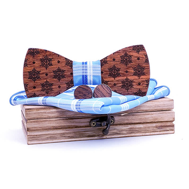 Set di 3 cravatte a farfalla in legno natalizie con motivo a fiocchi di neve da uomo - Azzurro cielo - image 9
