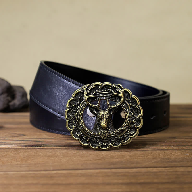 Cintura in pelle con fibbia in corno di alce 3D fai da te da uomo - Bronzo antico - Cintura PU nera (40) - image 5