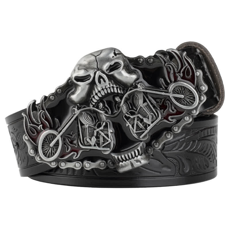 Cintura in pelle da uomo con testa di fantasma da motociclista gotico - Nero / Argento - 46 - image 1