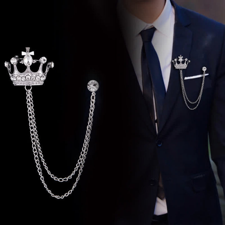 Spilla da uomo con catena a corona retrò e strass