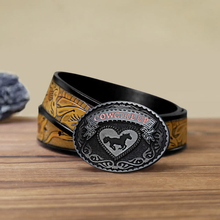 Cintura in pelle con fibbia Cowgirl Up in argento fai da te da donna - Cowgirl in posizione supina - Cintura marrone sabbia (40) - image 13