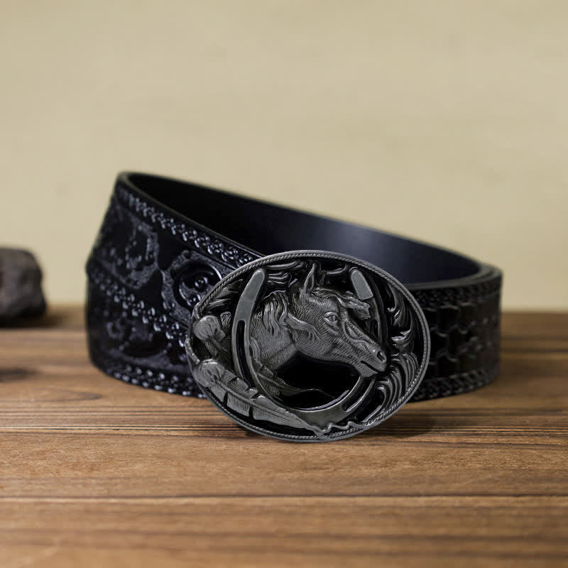 Cintura in pelle con fibbia in smalto nero a ferro di cavallo fai da te da uomo
