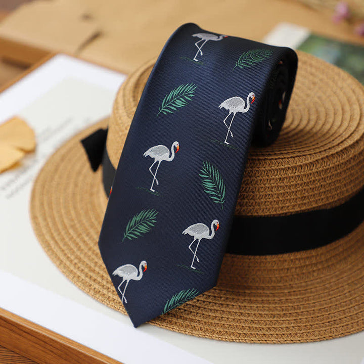Cravatta da uomo con fenicottero in stile tropicale blu navy