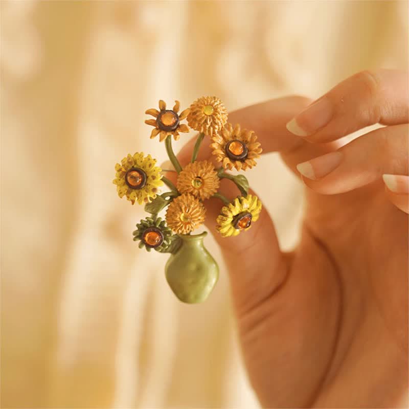 Spilla da donna a forma di vaso di girasole in smalto