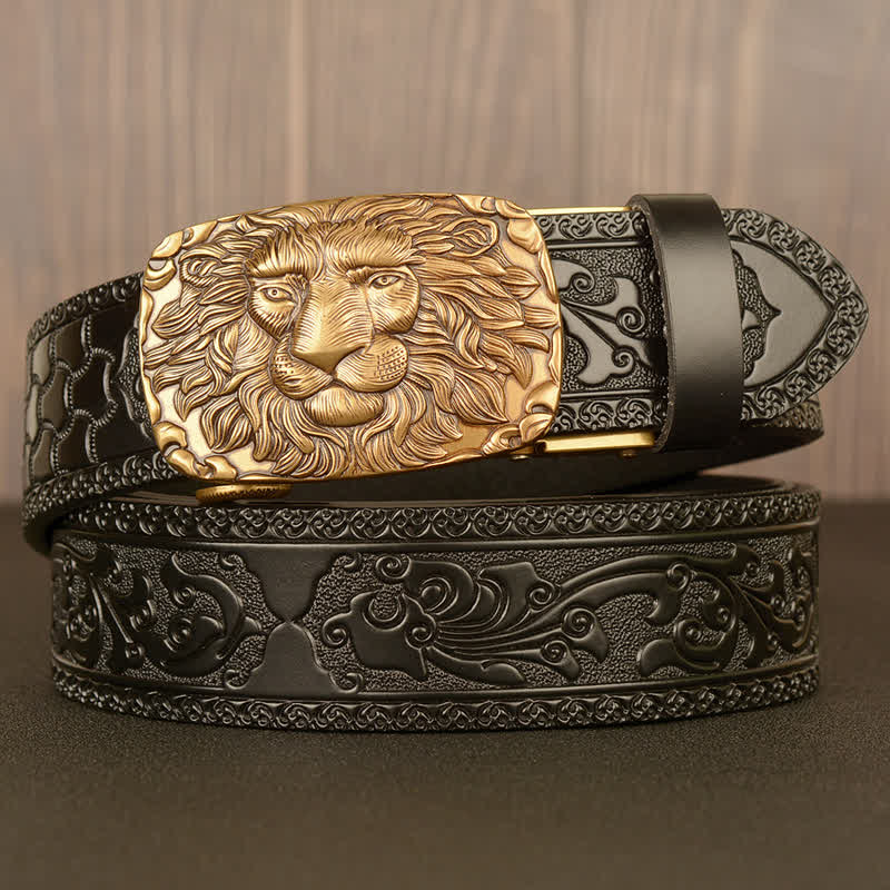 Cintura in pelle da uomo con testa di leone
