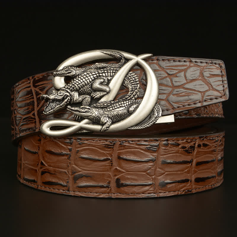 Cintura da uomo in pelle con fibbia in coccodrillo e motivo alligatore - Stile n. 2 - Argento e marrone - 46 - image 21