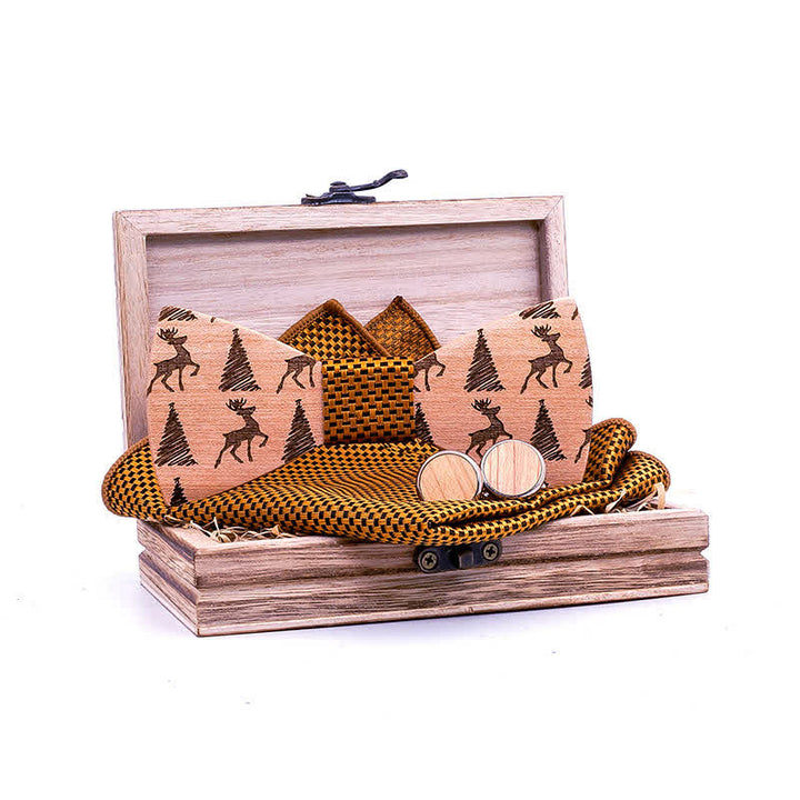 Set di 3 papillon in legno con motivo a cervo e albero di Natale da uomo