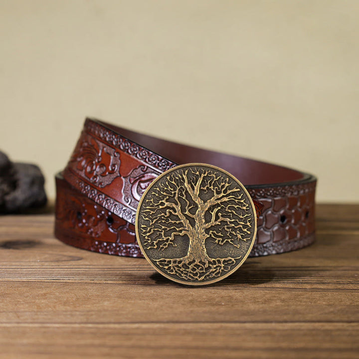 Cintura in pelle con fibbia rotonda fai da te con albero della vita da uomo - Bronzo - Cintura marrone intagliata (40) - image 17