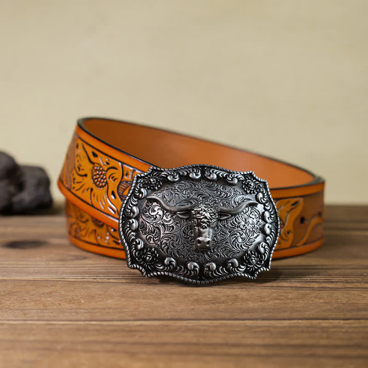 Cintura in pelle fai da te con fibbia in argento anticato Longhorn Bull da uomo